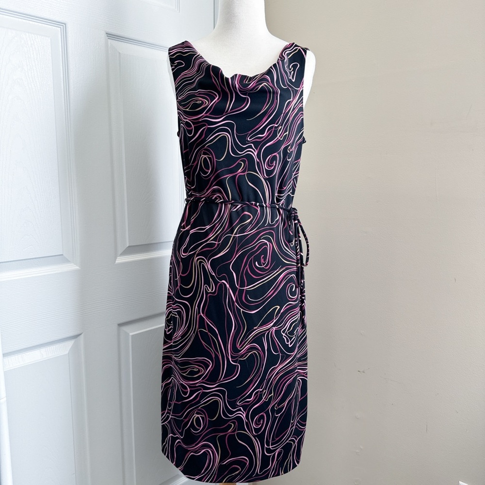 VINTAGE Y2K BLACK PINK SWIRL PATTERN COWL NECK MIDI DRESS - L